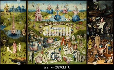 Title: The Garden of Earthly Delights Triptych Creator: Hieronymus Bosch Date: 1490 - 1500 Medium: oil on panel Dimensions: Width of the central panel: 172.5 cm.; Width of the wing: 76.5 cm. Location: Prado, Madrid, Spain Stock Photo