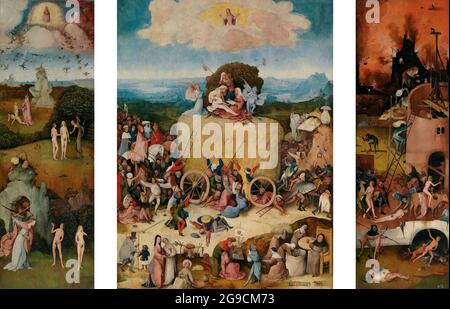 Title: The Haywain triptych Creator: Hieronymus Bosch Date: 1512 - 1515 Medium: oil on wood Dimensions: 135 × 100, 135 × 42 cm Location: Museo del Prado, Madrid, Spain Stock Photo