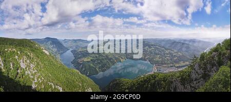 Aerial panoramic view  from viewpoint Banjska stena in National Park Tara, Serbia  with the view of Perucac dam and lake and river and canyon Drina Stock Photo