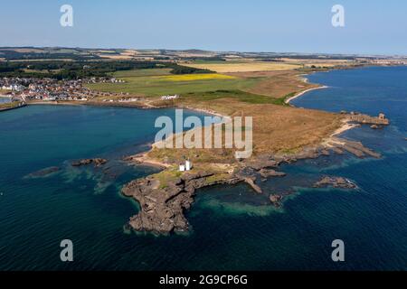 Aerial view of Elie Ness Lighthouse, Elie, East Neuk, Fife, Scotland. Stock Photo