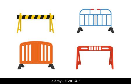Set of metal and plastic road barriers. Different traffic obstacles isolated on white background. Work zone safety on highway construction. Vector cartoon illustration. Stock Vector