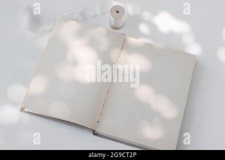 Summer still life composition. Open blank book, diary mock-up on white table background in sunlight. Shadows on blank pages. Reading and writing Stock Photo
