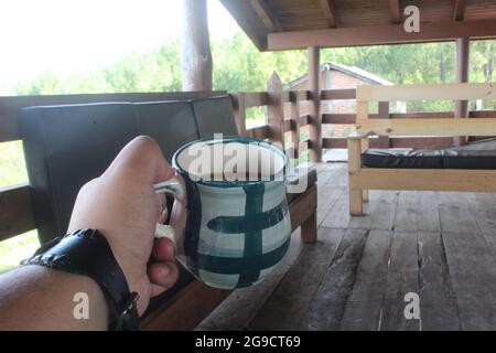 A cup of coffee in a cabin