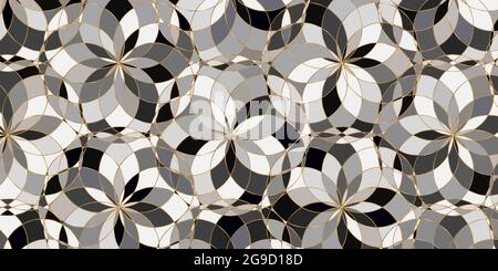 Abstract geometric pattern circle overlapping. Floral design with gold lines and gray elegant background for carpet,wallpaper,clothing,wrapping Stock Vector
