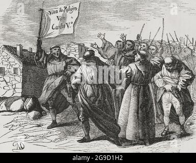 Spain. First Carlist War (1833-1840). Monastic uprising. Franciscan friars storm the streets of Salamanca, shouting in support of King Charles V (Don Carlos María Isidro de Borbón, the Carlist pretender to the Spanish throne), to provocate the supporters of Isabella II. Engraving. Panorama Español, Crónica Contemporánea. Madrid, 1842. Stock Photo
