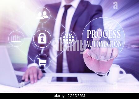 Writing displaying text Process Automation. Word Written on the use of technology to automate business actions Bussiness Man Sitting Desk Laptop And Stock Photo