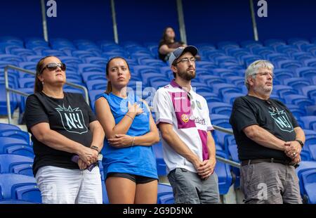 Harrison, United States. 25th July, 2021. NY/NJ Gotham F.C's fans during the anthem at the NJ/NY Gotham F.C's game against Chicago Red Stars at Red Bull Arena in Harrison, New Jersey Credit: SPP Sport Press Photo. /Alamy Live News Stock Photo
