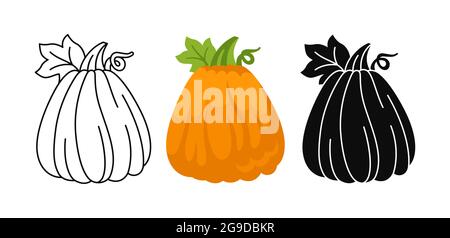 Pumpkin flat cartoon set line doodle icon, black glyph style. Halloween or Thanksgiving Day festival symbol harvest collection. Ripe whole pumpkins. Comic agricultural hand drawn vegetable icon vector Stock Vector