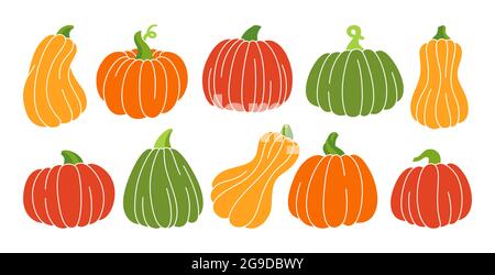 Pumpkin colored trendy set. Autumn cartoon ripe whole pumpkins. Halloween or Thanksgiving Day festival symbol harvest collection. Agricultural hand drawn colorful vegetable line icon vector Stock Vector