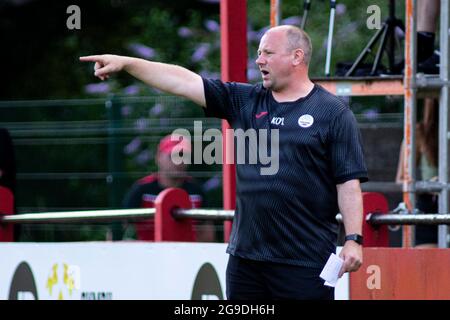 Swansea City u23 manager Kristian O'Leary instructs his team from the touchline. Trefelin v Swansea City u23 friendly at Ynys Park on the 20th July 20 Stock Photo