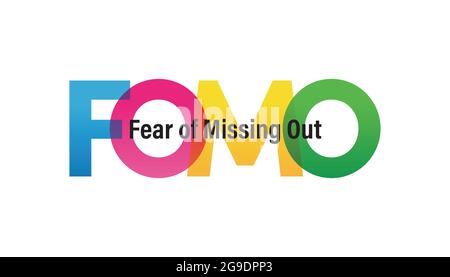 FOMO word vector illustration. Joy Of Missing Out. Colored rainbow text. Vector banner. Corporate concept. Gradient Text. Transparency Letters. Vector illustration Stock Vector