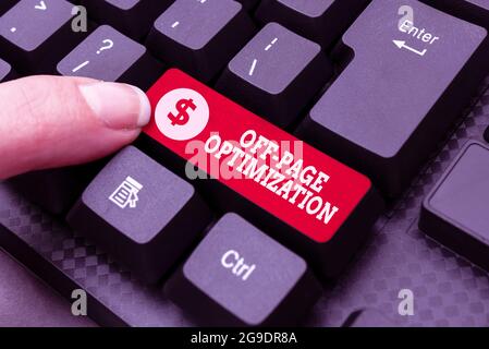 Handwriting text Off Page Optimization. Business overview set of techniques to increase your website s is ranking Creating New Typing Game Concept Stock Photo