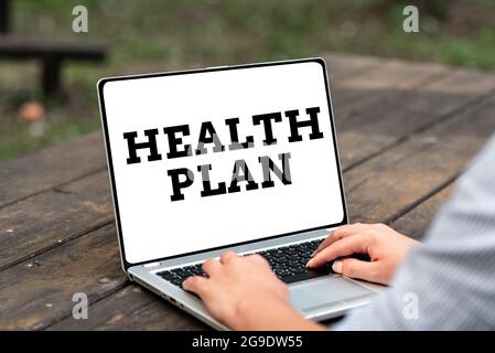 Sign displaying Health Plan. Business concept type of insurance that covers highcost medical services Voice And Video Calling Capabilities Connecting Stock Photo