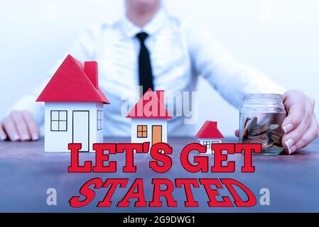 Text sign showing Let S Is Get Started. Word Written on to begin doing or working on something you had started Different plans for houses represented Stock Photo