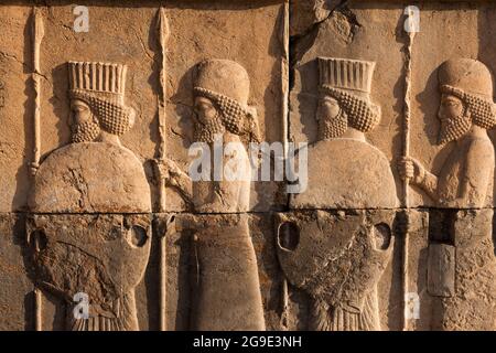 Persepolis, relief of Apadana ruins, capital of Achaemenid empire, suburb of Shiraz, Fars Province, Iran, Persia, Western Asia, Asia Stock Photo