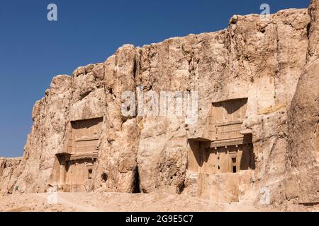 Naqsh-e Rostam, rock cut royal tomb of achaemenid empire, and sasanid relief of kings, Fars Province, Iran, Persia, Western Asia, Asia Stock Photo