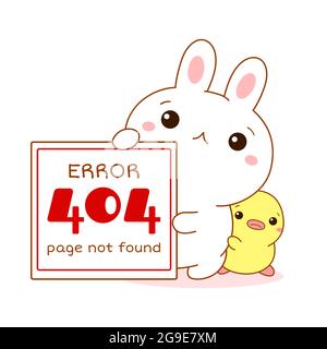 404 error Page not found. Sad kawaii bunny and duckling with Error message. Cute little duck and rabbit apologize.  System maintenance, updates, uploa Stock Vector