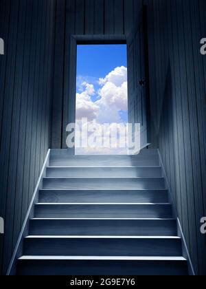 Hope and spirituality concept. Steps leading from a dark basement to open the door. Blue sky with clouds visible through an open door. 3d render Stock Photo