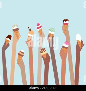 Group of Multi ethnic people with assorted flavours of ice cream cones full of summer icecream on blue background Stock Vector