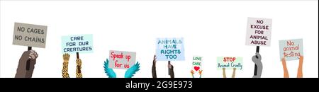 Animal hands and paws are holding rights protest signs to stop cruelty and abuse Stock Vector