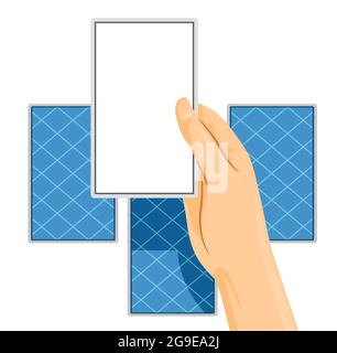 Illustration of a Hand Holding a Blank Tarot Card and Reading It Stock Photo