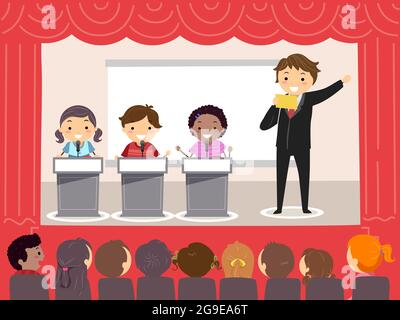 Illustration of Stickman Kids with Host in a Quiz Bee on Stage with Audience Stock Photo