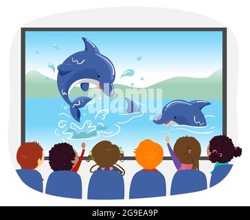 Illustration of Stickman Kids Sitting Down and Watching Dolphins on Television Stock Photo