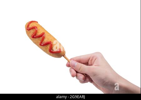 hand holding corn dog isolated on white background Stock Photo