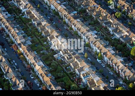 File photo dated 13/08/17 of an aerial view of terraced houses in south west London. An array of organisations and experts are joining forces in a push to tackle the UK's 'housing crisis', Nationwide Building Society has announced. Issue date: Monday July 26, 2021. Stock Photo