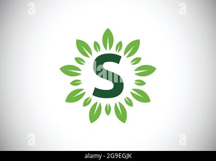 Initial S monogram letter alphabet with leaf wreath. Green leaf, flower logo design concept. Modern vector logo design for business, and company Stock Vector