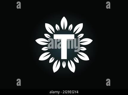 Initial T monogram letter alphabet with leaf wreath. Green leaf, flower logo design concept. Modern vector logo design for business, and company Stock Vector