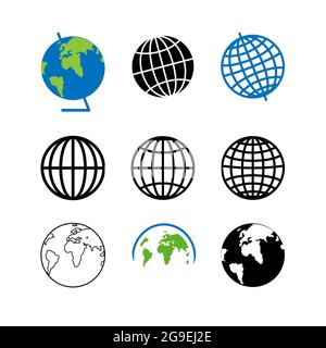 Set of icons for the globe of the planet earth. Parallels and meridians on the black icon. Stock Vector