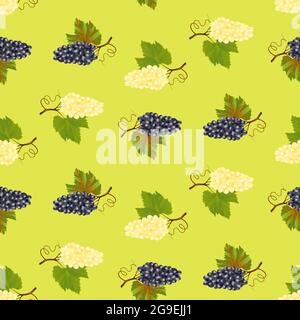 Ripe juicy blue and white grapes on light green background seamless pattern. Vector illustration. For fabric, wallpaper, gift wrapping, scrapbooking. Stock Vector