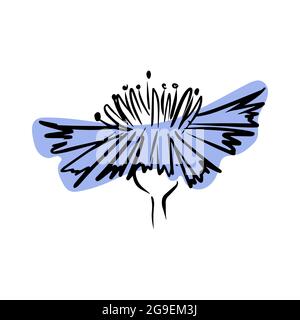 Cornflower with abstract shapes hand drawn illustration. Line art. Isolated on white background. Stock Vector