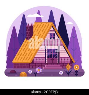 Wooden Chalet House on Forest Area Stock Vector