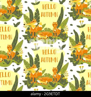 Family of forest wild animals resting on forest green glade seamless pattern. Red foxes in nature. Hello, Autumn. For textiles, baby wallpaper Stock Vector