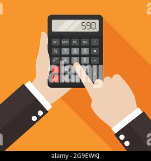 Hands holding and using a calculator. Vector illustration Stock Vector