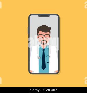 Online doctor consultation on the phone, yellow background. Stock vector Stock Vector