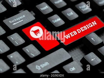 Conceptual display Web Design. Business idea website creation which includes layout, content, and graphics Entering New Product Key Concept, Typing Stock Photo