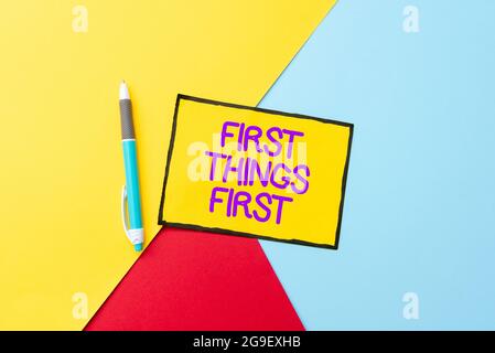 Conceptual caption First Things First. Business showcase Business, technology, internet, set your priorities and most important Colorful Perpective Stock Photo