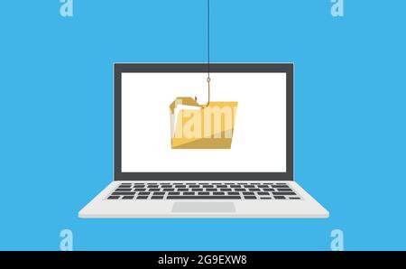 Hacker stealing sensitive data, personal information as passwords from a laptop useful for anti phishing and internet viruses. Stock Vector