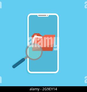 Phone with folder search and data synchronisation. Touchscreen device with magnifying glass. Stock Vector