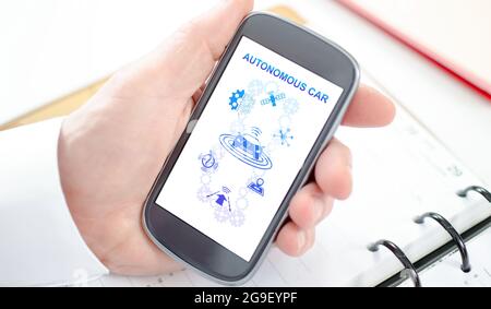 Autonomous car concept shown on a smartphone screen Stock Photo