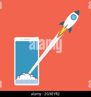 Launch app concept on smartphone on red. Stock vector Stock Vector
