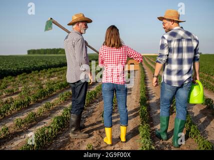 Elderly farmer wearing straw hat standing in field with gardening hoe on shoulder. Young woman holding wooden crate with back to camera. Attractive ma Stock Photo