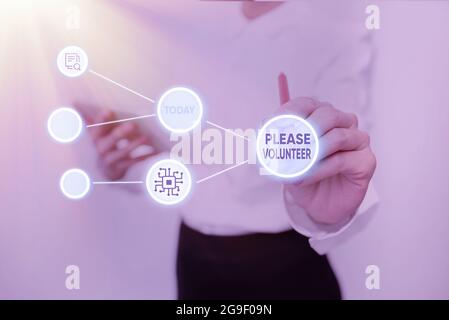 Hand writing sign Please Volunteer. Business approach act of politely asking to enlist or sign up in affairs Lady In Uniform Standing Holding Tablet Stock Photo