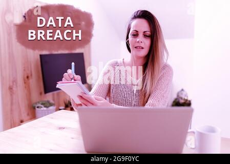 Handwriting text Data Breach. Business approach unauthorized release of confidential and secured details Social Media Influencer Creating Online Stock Photo
