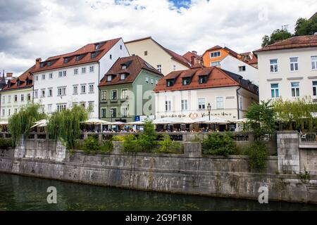 Ljubljana, Slovenia - July 15, 2017: View of Traditional Buildings in Ljubljana City Centre Stock Photo