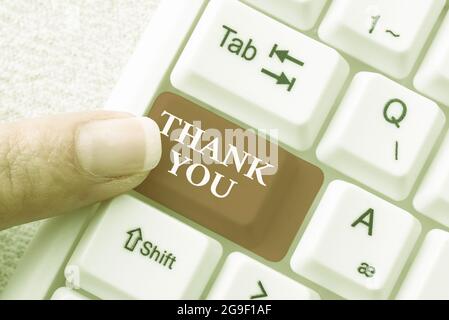 Sign displaying Thank You. Word Written on a polite expression used when acknowledging a gift or service Typing Daily Reminder Notes, Creating Online Stock Photo