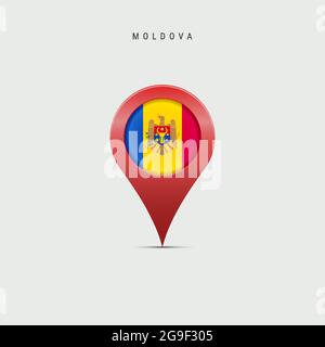 Teardrop map marker with flag of Moldova. Moldavian flag inserted in the location map pin. 3D vector illustration isolated on light grey background. Stock Vector